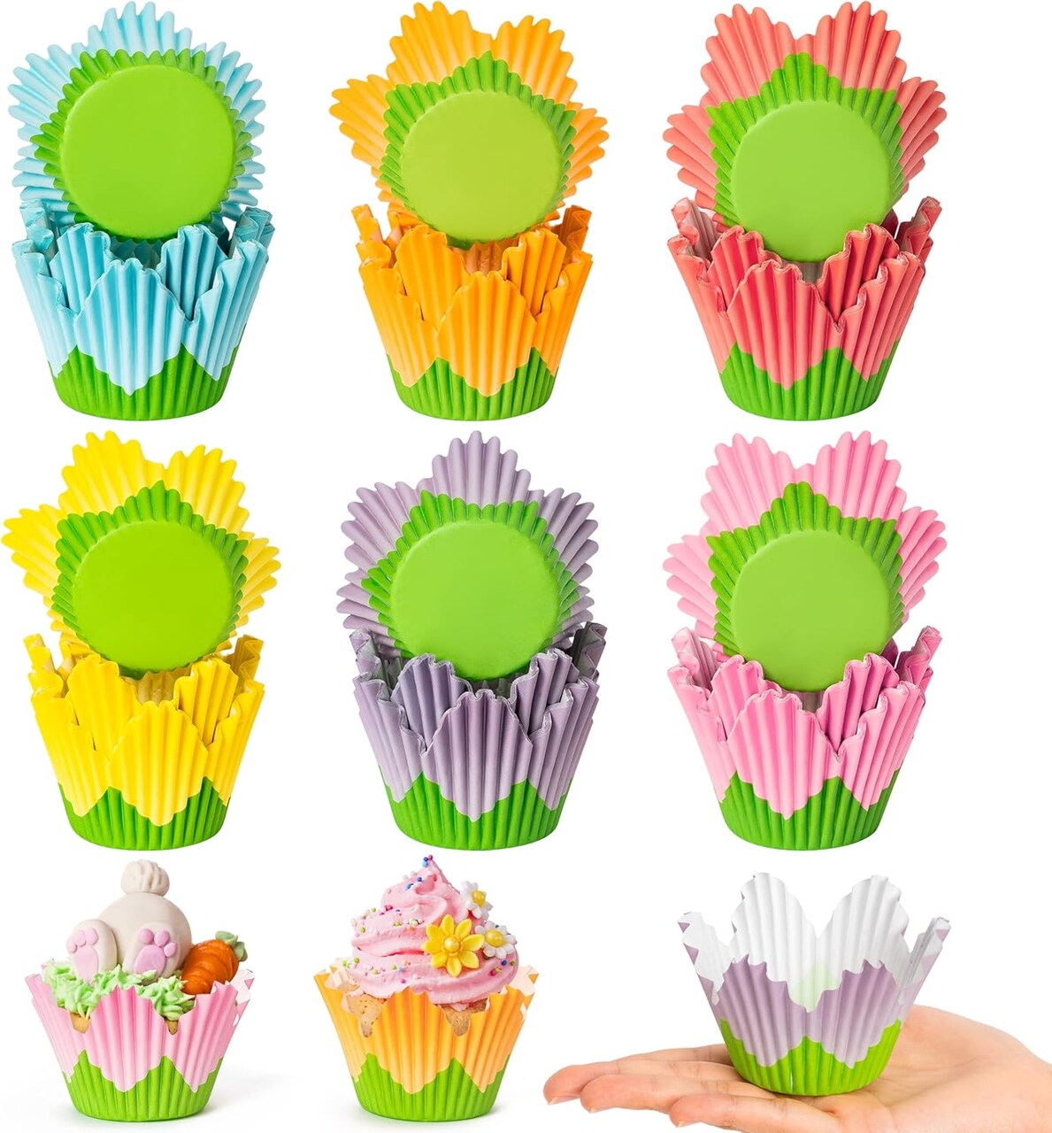 300pcs Flower Cupcake Liners – Easter & Spring Baking Cups, Muffin Wrappers for Cupcakes, Chocolate, Candy, Party Treats, 6 Styles for Birthday, Baby Shower, and Holiday Celebrations